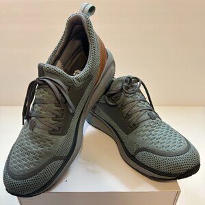 Johnston & Murphy Olive Green Knit Athletic Sneakers with Brown Heel Accent